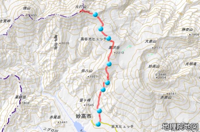 火打山日帰りコース地図