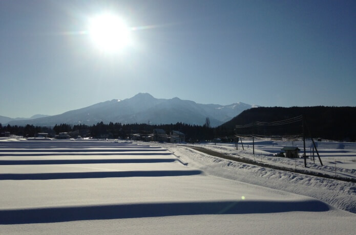 田園に積もる雪と妙高山